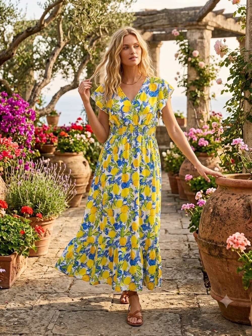 Womens Lemon majolica ruffle maxi dress plus size 2X 2XL white blue yellow green